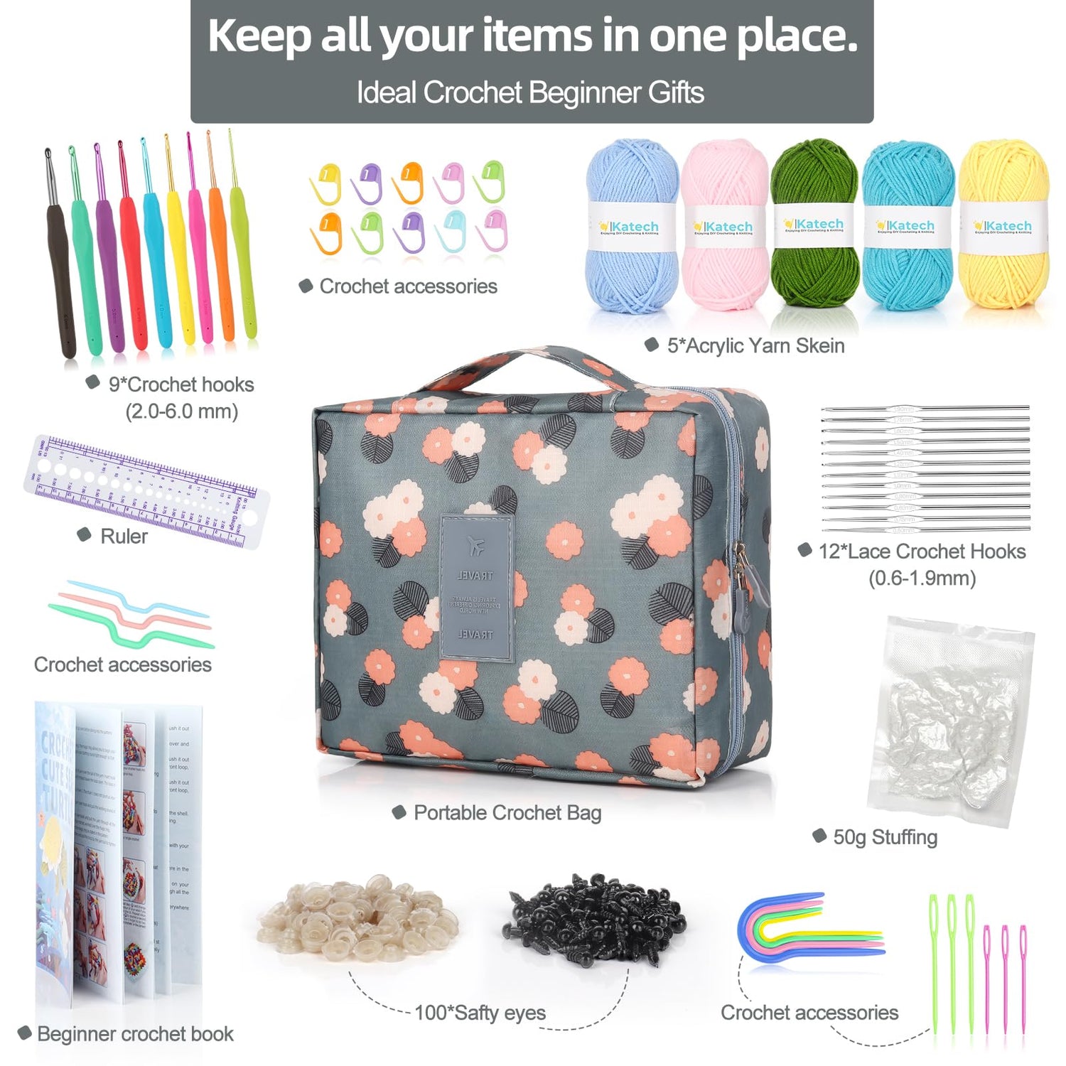 Katech Beginner Yarn for Crocheting and Knitting-Crochet Yarn Kit for Beginners-Includes 382 Yards Cotton Yarn Balls, Hooks, Accessories, Tutorials, Katech