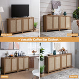 SICOTAS Sideboard Buffet Coffee Bar Cabinet - Boho Rattan Credenza Cabinet with Storage Rattan Decorated Doors - 3 Pieces Farmhouse Kitchen Storage SICOTAS