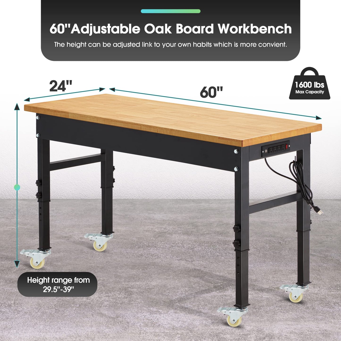 Antifir 60" ×24'' Adjustable Workbench,Rolling Heavy-Duty Worktable with Power Outlet and Wheels,Large Load Capacity Rubber Wood Top Workbench for