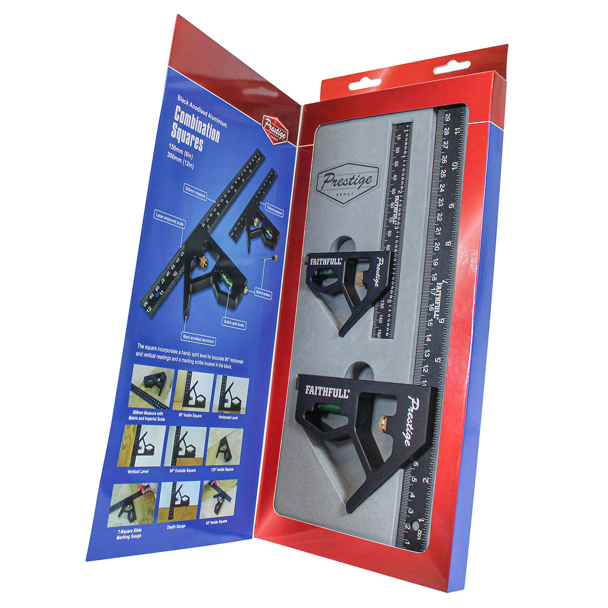 Faithfull FAICS300TCNC Prestige Twin Pack Aluminium Combination Squares 150 mm (6 in) and 300 mm (12 in),Black Faithfull
