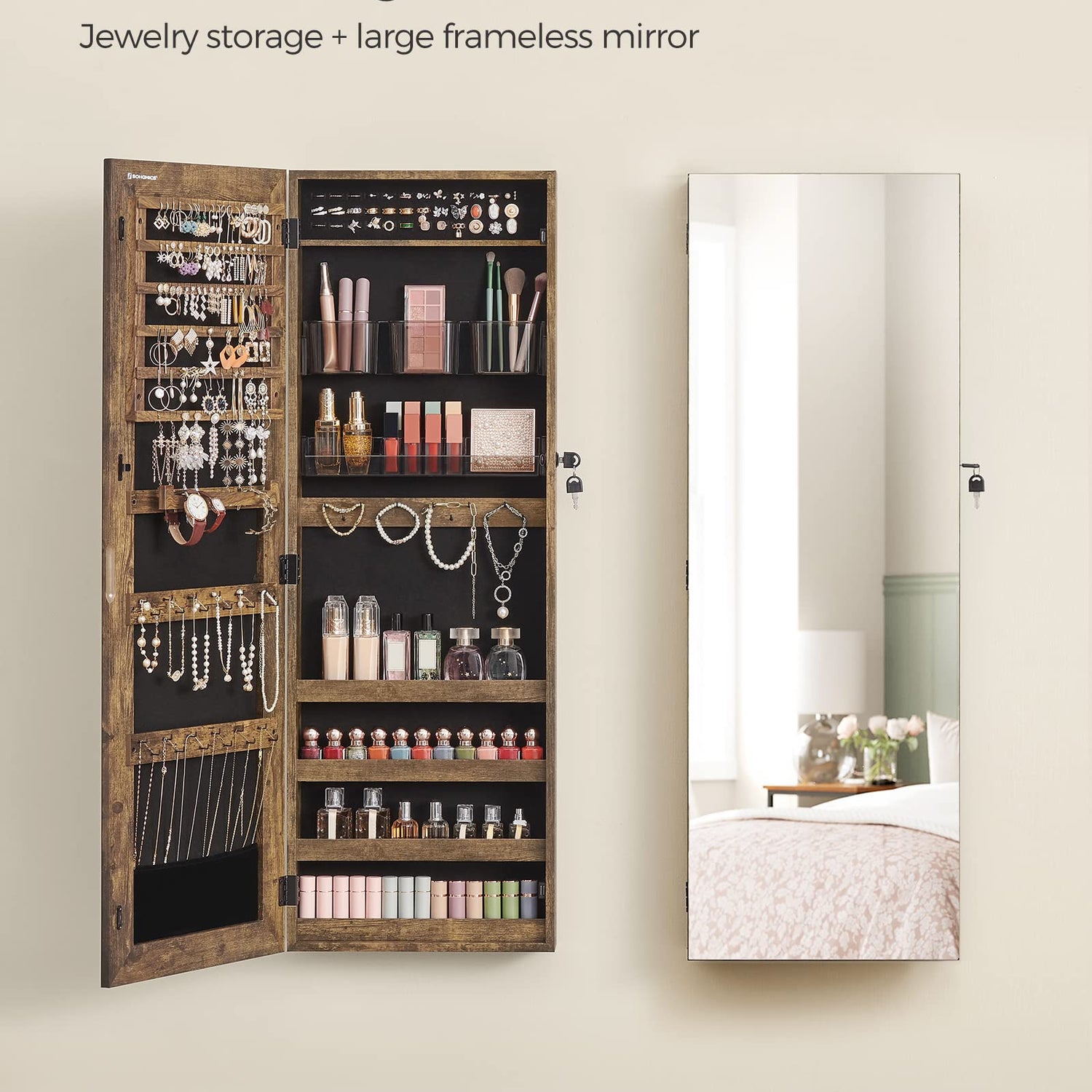 SONGMICS Jewelry Cabinet Armoire, Lockable Wall-Mounted Storage Organizer Unit with 2 Plastic Cosmetic Trays, Full-Length Frameless Mirror, Textured SONGMICS