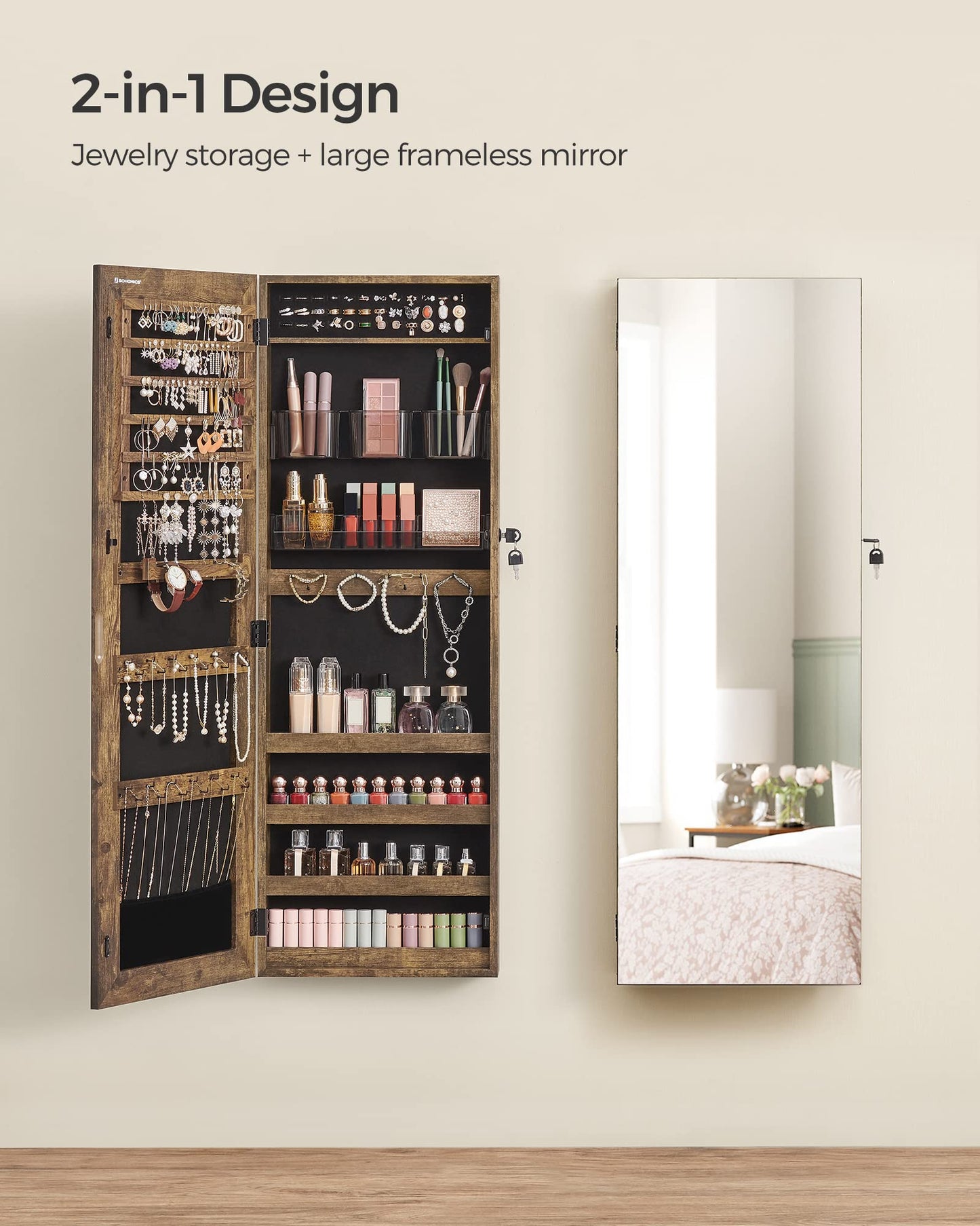 SONGMICS Jewelry Cabinet Armoire, Lockable Wall-Mounted Storage Organizer Unit with 2 Plastic Cosmetic Trays, Full-Length Frameless Mirror, Textured
