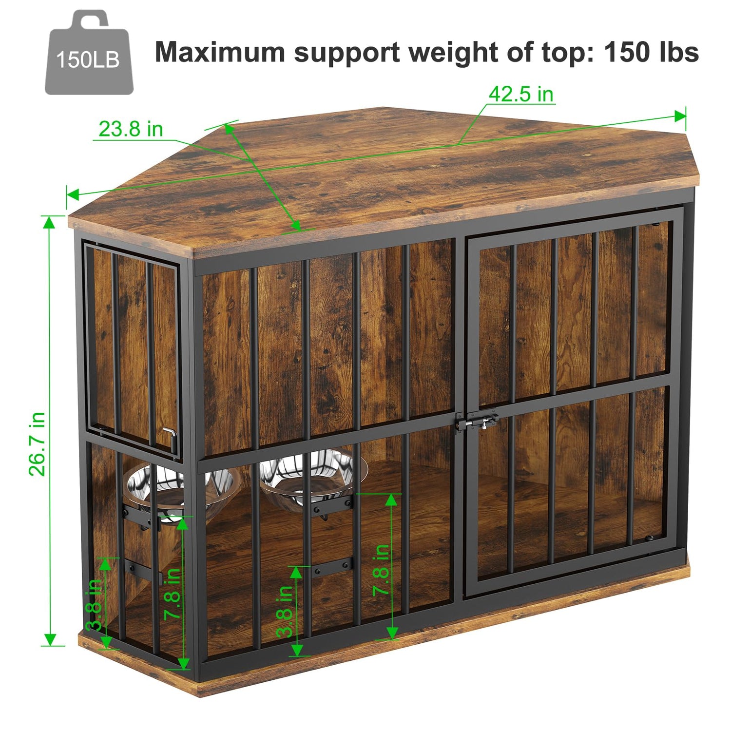 ROOMTEC 42 inch Furniture Dog Crate Corner, Dog Kennel Corner Wooden End Table with Bowl, Indoor Pet Crates Corner Side Table for Dogs, Wide Top ROOMTEC