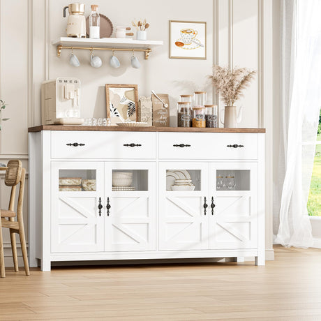 finetones Buffet Cabinet with Storage, 55.1" Large Sideboard Buffet Cabinet, Farmhouse Sideboard Kitchen Cabinet with 2 Drawers and 4 Doors, Wood finetones