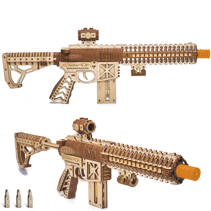 Wood Trick Assault Gun AR-T Model Kit for Adults and Teens to Build - with Telescoping Butt, Fuse, Sight and Clip for 12 Rounds - Detailed - WoodArtSupply