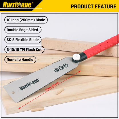 HURRICANE Japanese Pull Saw Hand Saw, 10 Inch (250mm) Flush Cut Saw Woodworking Tools, Double Edge Sided, SK 5 Flexible Blade, 6-10/18 TPI, Non-slip - WoodArtSupply