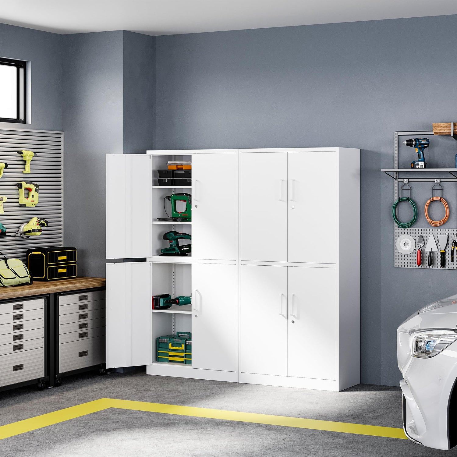 Letaya Metal Storage Cabinet with Lock Door, Adjustable Shelf Steel Cabinets for Office, Home,Pantry,Kitchen,Garage Utility Cabinet (4 Door-White) Letaya