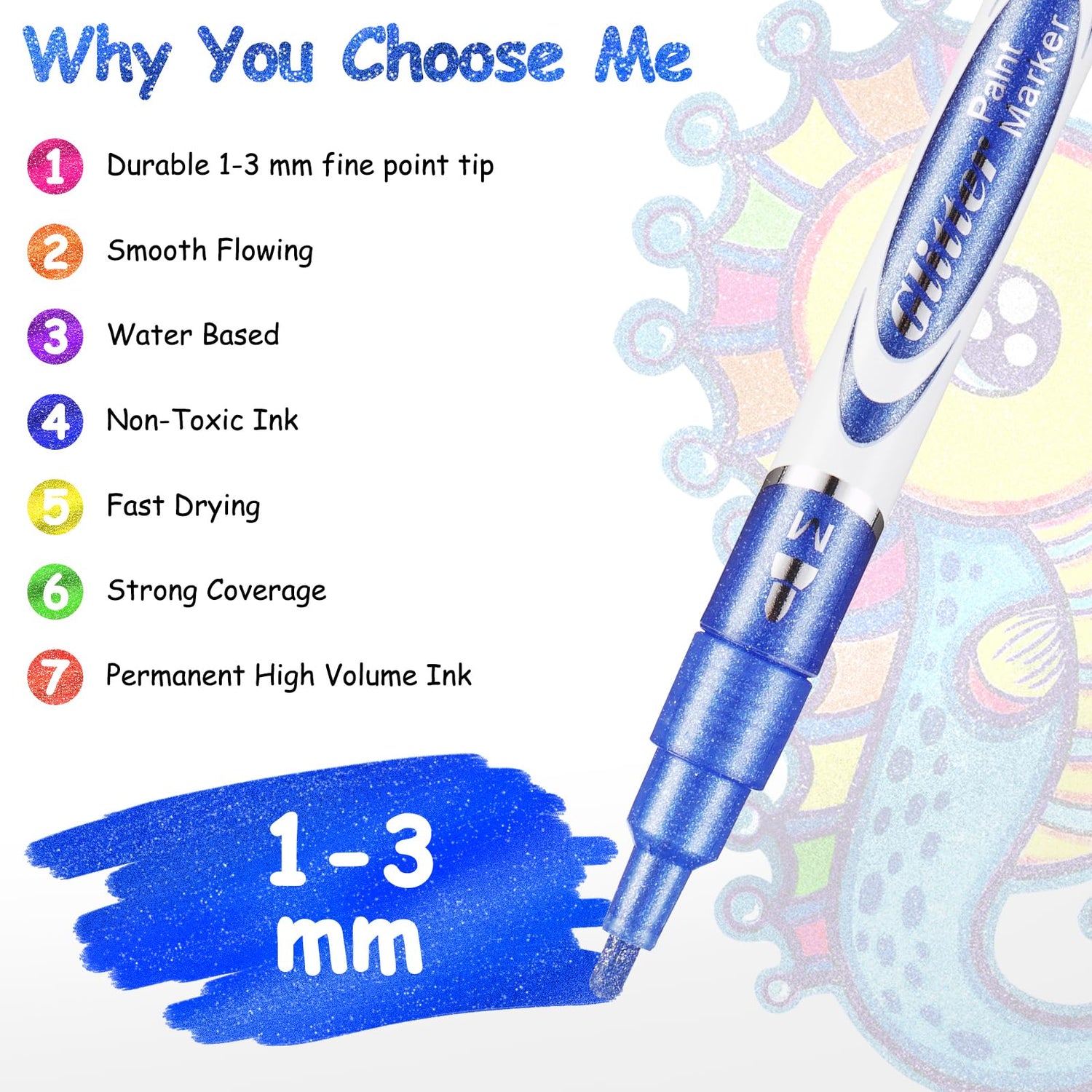 TEVILIK Glitter Markers Pen, 12 Acrylic Glitter Markers Paint Pens - Shimmer Marker, Fine Point Water-Based Pen For DIY Crafts, Birthday Cards, TEVILIK