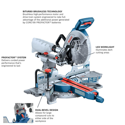 BOSCH GCM18V-10SDN14 PROFACTOR™ 18V 10 In. Dual-Bevel Slide Miter Saw Kit with (1) CORE18V® 8 Ah High Power Battery - WoodArtSupply