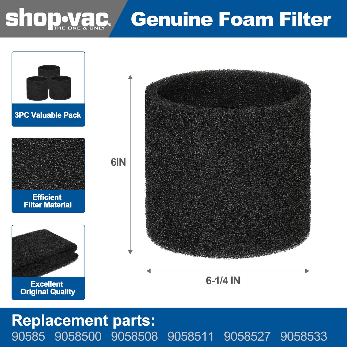 Foam Filter Sleeves For Shop-Vac Wet Dry Vacuums - Fits Models 9058500, 90585