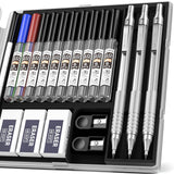 Nicpro Metal 2.0 Mechanical Pencil Set with Case, 3 PCS Drafting Lead Holder with 10 Tubes 2mm Graphite Lead Refill(HB 2H 4H 2B 4B) &Colors, Nicpro