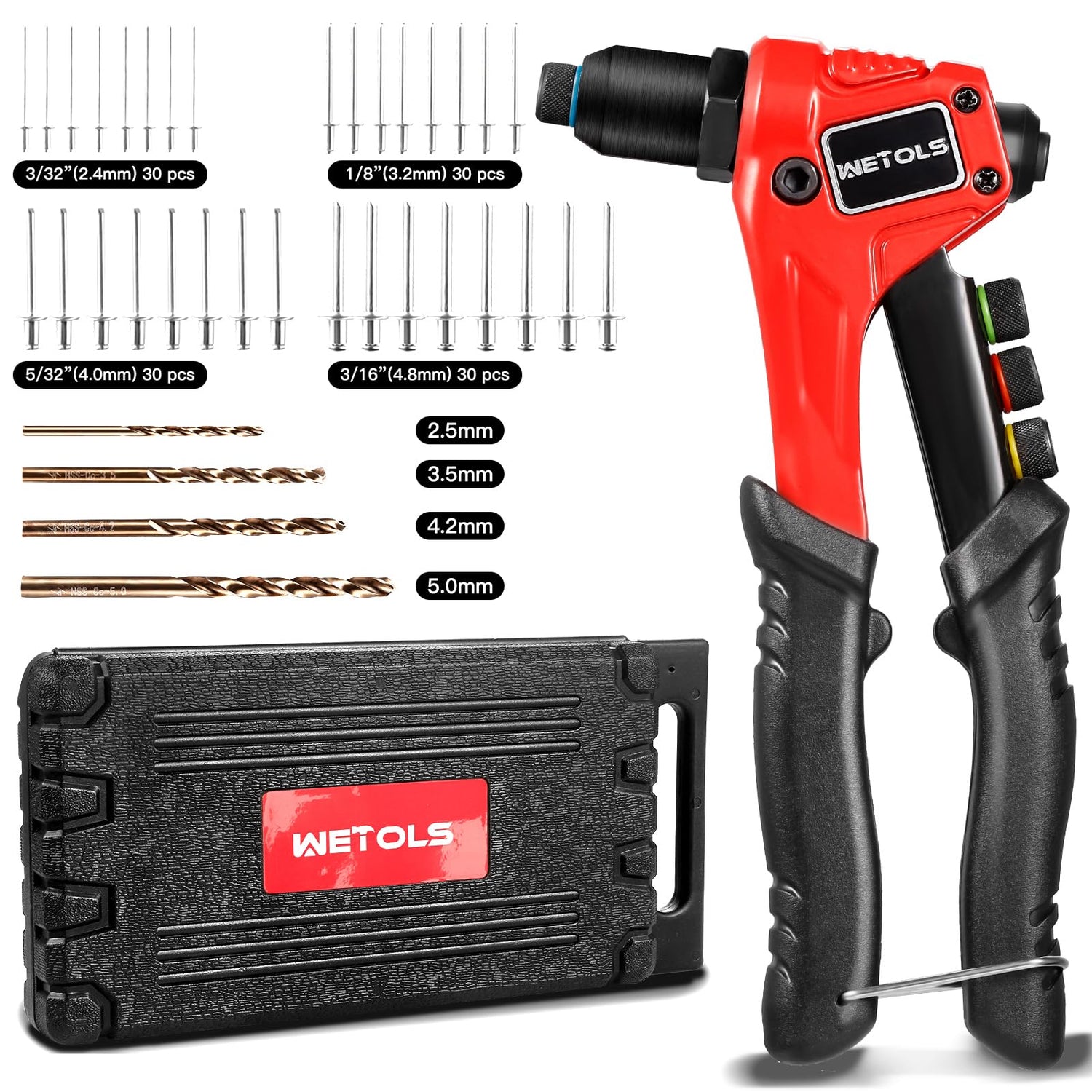 WETOLS Rivet Gun Kit with 120 Pcs Rivets, Manual Rivet Gun with 4 Interchangeable Rivet Heads and 4 Twist Drills, Pop Rivet Gun Kit with Blow Molded WETOLS