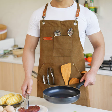 Aoomzoon Canvas Aprons for Men Chef Apron, Work Apron with Large Pockets - Durable 16oz Heavy Duty Cross Back, BBQ, Cooking (Brown, 1 Pack) Aoomzoon