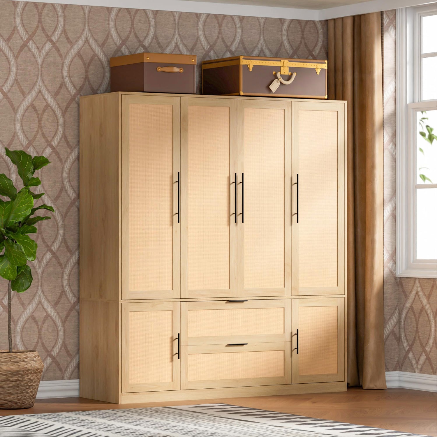 UEV Brown 6 Doors Rattan Armoire Wardrobe Closet,63" Large Armoire Storage Cabinet with 2 Drawers Side Shelves,Wooden Wardrobe Closet with 2 Hanging UEV