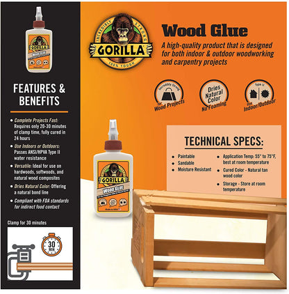 Gorilla Wood Glue, 4 Ounce Bottle, (Pack of 1) - WoodArtSupply