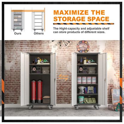 SUXXAN Metal Storage Cabinet with Wheels, Rolling Garage Storage Cabinets with 4 Adjustable Shelves, Broom Closet Storage Cabinet & Locking Cabinet - WoodArtSupply