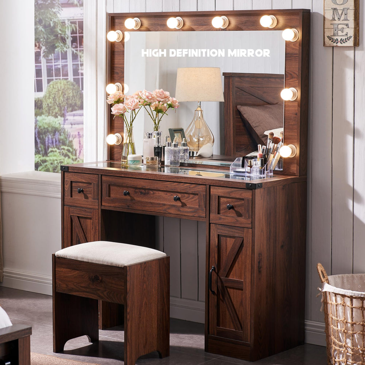 JXQTLINGMU Farmhouse Makeup Vanity Desk with Mirror and Lights, 43'' Glass Tabletop Vanity Table with 3 Drawers & Shelves, Rustic Large Vanity Set JXQTLINGMU