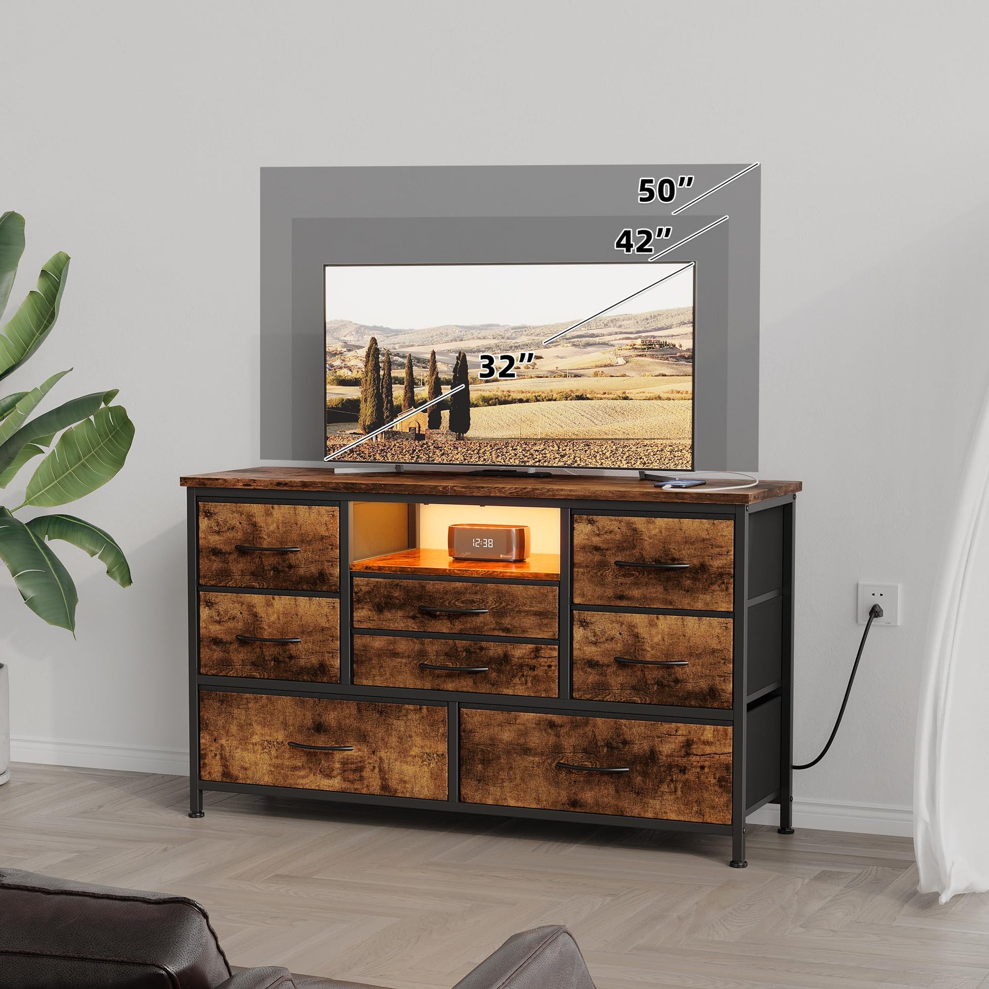 Jojoka 8 Dresser TV Stand with Power Outlet & LED for 55'' TV, Long Dresser for Bedroom with 8 Deep Drawers, Wide Console Table for Storage in - WoodArtSupply