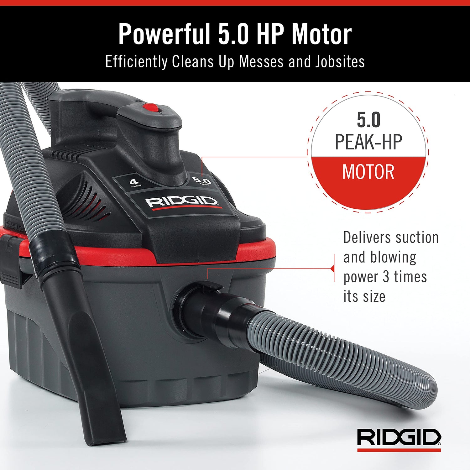 RIDGID 50313 Model 4000RV 4-Gallon Portable Wet and Dry Compact Vacuum Cleaner with 5.0 Peak-HP Motor, 4 gallon, Red RIDGID