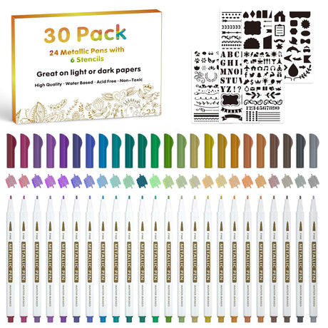 30 Pack Metallic Marker Pens, Lineon 24 Colors Fine Tip Paint Pens with 6 Stencils for DIY Craft Photo Album Rock Art Painting Card Making Glass Wood Lineon
