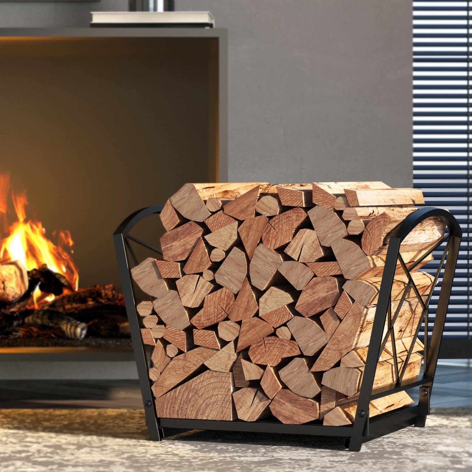Fire Beauty Firewood Log Rack, Iron Wood Lumber Storage Holder for Fireplace, Heavy Duty Log Storage Bin for Firepit Stove Accessories Fire Beauty