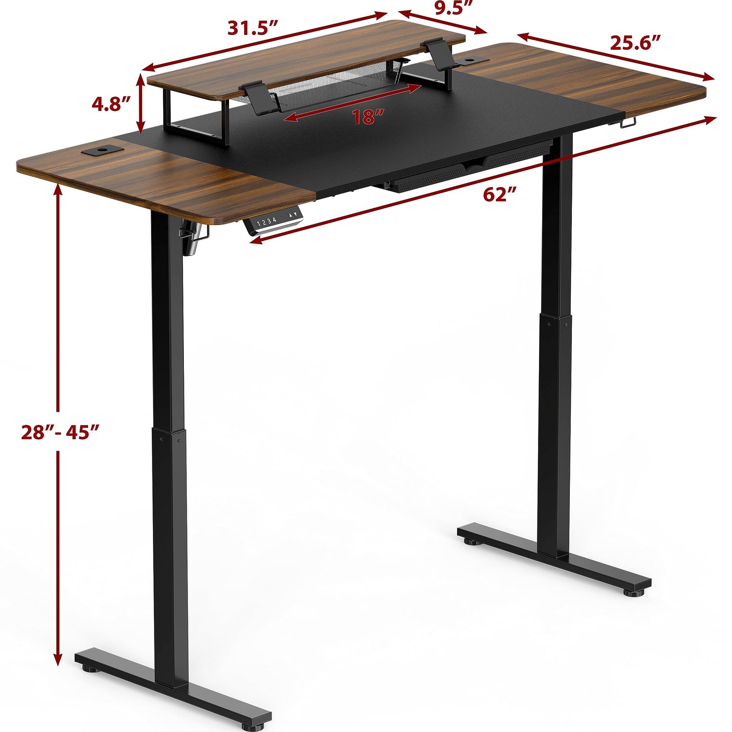 SHW 62-Inch Extra Large Electric Height Adjustable Standing Desk with Monitor Riser and Drawer, 62 x 28 Inches, Walnut - WoodArtSupply