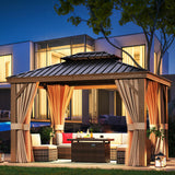 Aoxun 10' x 12' Gazebo, Wooden Finish Coated Aluminum Frame Canopy with Dual-Layer Galvanized Steel Hardtop Top, Outdoor Metal Pavilion with Privacy Aoxun