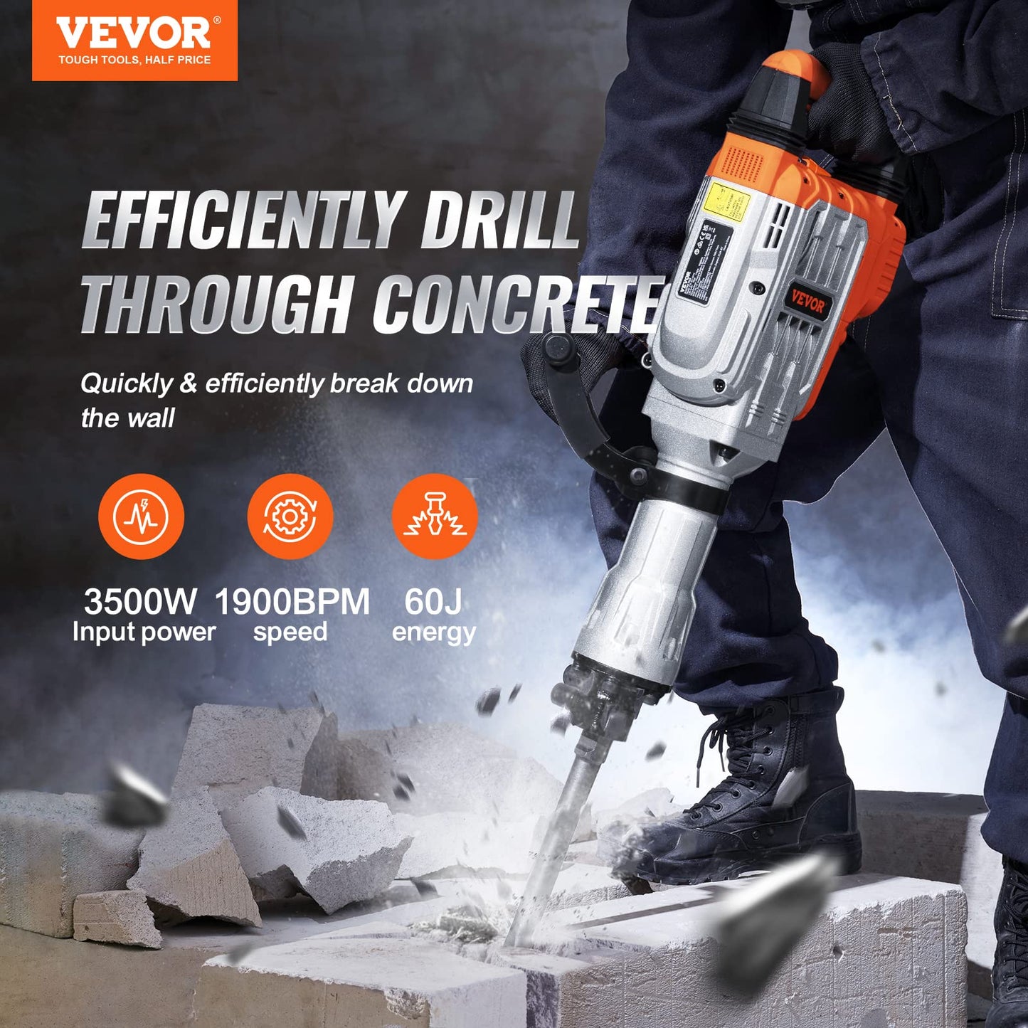 VEVOR Demolition Jack Hammer, MAX 3500W Jack Hammer Concrete Breaker 1900 BPM Heavy Duty Electric Jack Hammer, 2pcs Chisel w/Gloves & 360°C Swiveling - WoodArtSupply