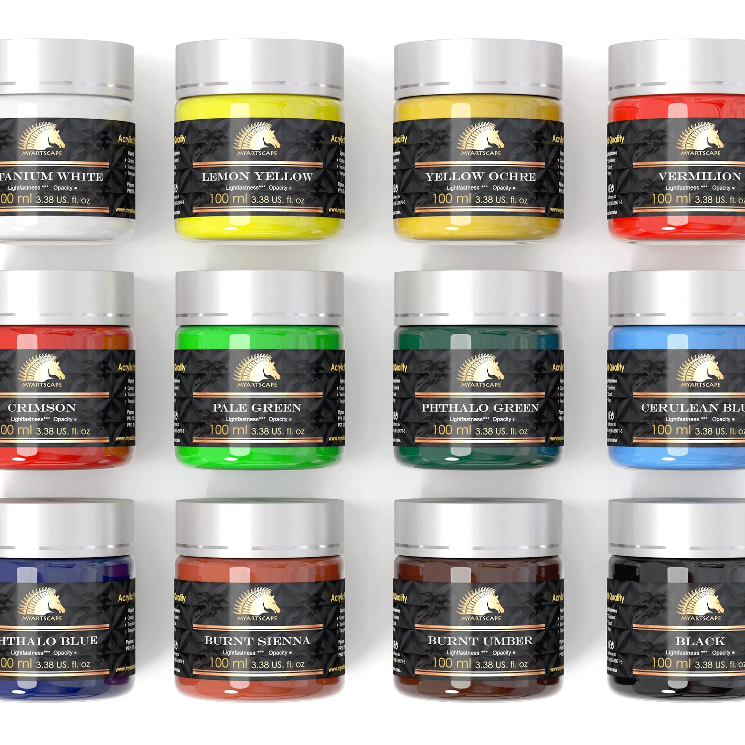 MyArtscape Acrylic Paint Set - 12 x 100ml Bottles - Artist Quality Paints - Lightfast - Heavy Body - Highly Pigmented Colors with Great Coverage - MyArtscape