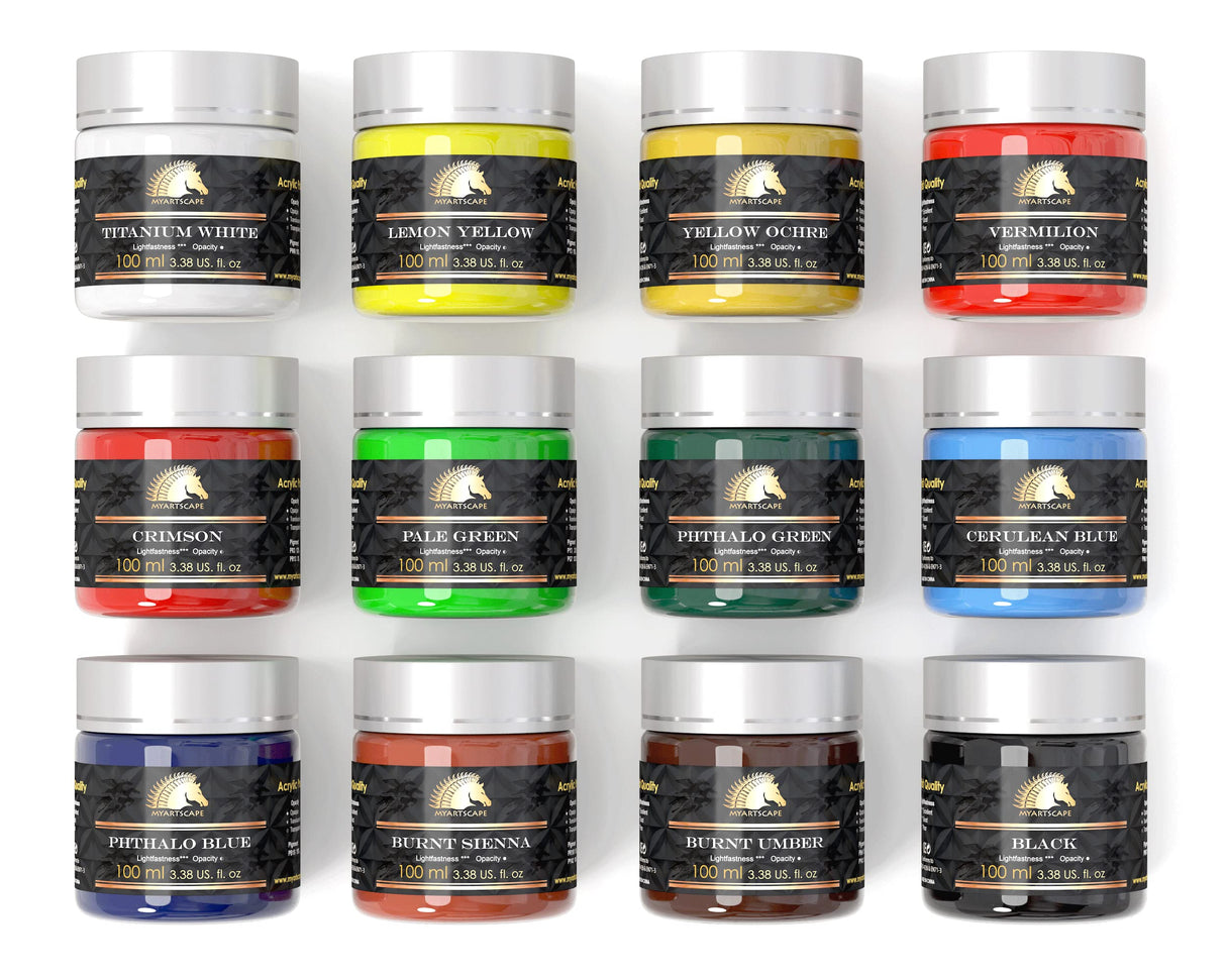 MyArtscape Acrylic Paint Set - 12 x 100ml Bottles - Artist Quality Paints - Lightfast - Heavy Body - Highly Pigmented Colors with Great Coverage - MyArtscape