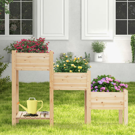 S AFSTAR 3-Tier Wooden Raised Garden Bed, Elevated Garden Planter with 3 Planter Boxes, Open Storage Shelf, Drainage Holes, Outdoor Vertical Plant S AFSTAR