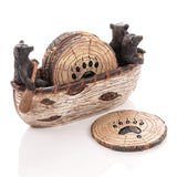 Bear Coasters Set – 6 Full Size Rustic Coasters in Handmade Canoe with Adorable Black Bear Figurines | Black Bear Log Cabin Decorations, Rustic Lodge Cabin Obsession