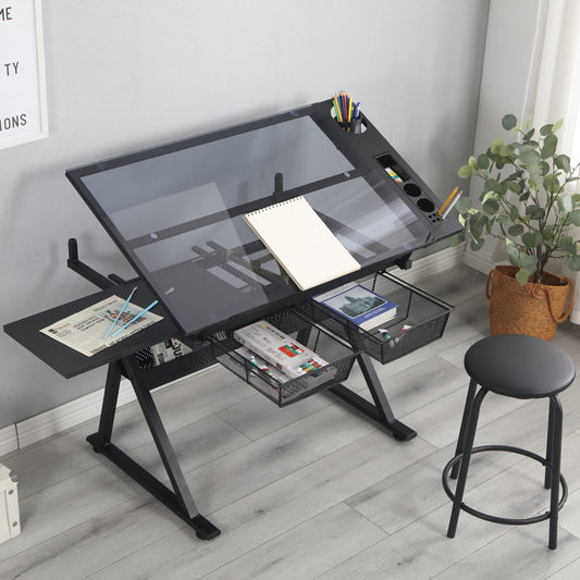 HomSof Adjustable Drafting Printing Table with Chair, 23.6D x 38.5W x 27.5H in, Black