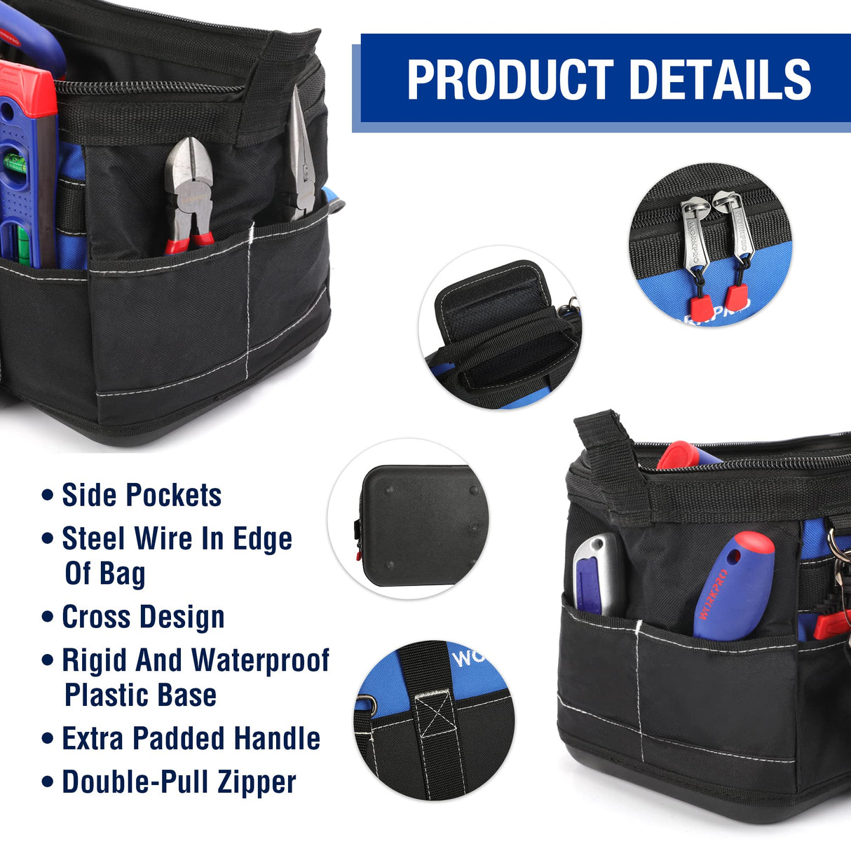 WORKPRO 16-inch Wide Mouth Tool Bag with Water Proof Molded Base WORKPRO
