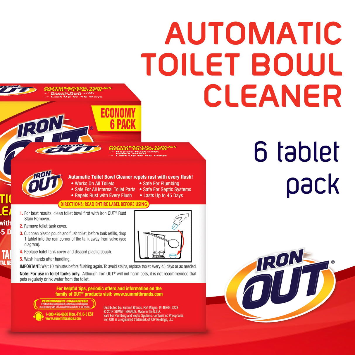 Iron OUT Automatic Toilet Bowl Cleaner, Repel Rust and Hard Water Stains with Every Flush, Household Toilet Cleaner, Pack of 1, 6 Tablets, White Iron OUT