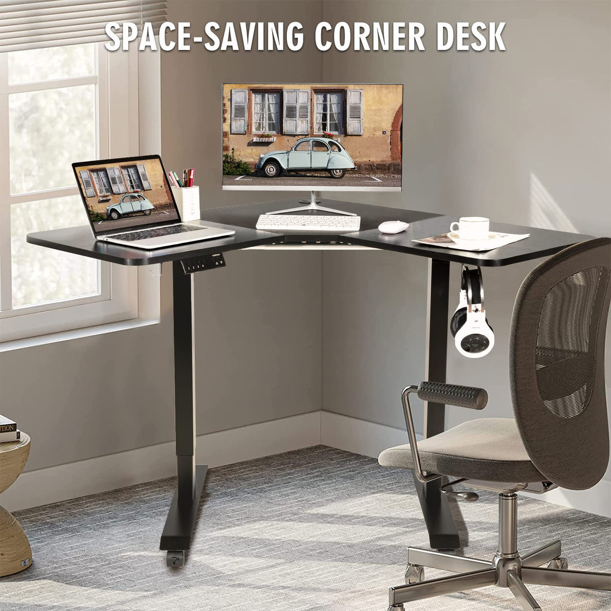 COSTWAY L Shaped Electric Adjustable Desk, L-Shaped Standing Computer Desk w/Splice Tabletop, 2 Hooks & Rolling Casters, Sit-Stand Corner Desk w/ 4 COSTWAY