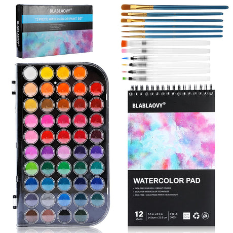Watercolor Paint, 48 Colors Washable Paint Set, 6 Brush, 6 Refillable Water Brush Pen, Drawing Pad, Palette, Watercolor Set for Kids Adults Artist Blablaovy