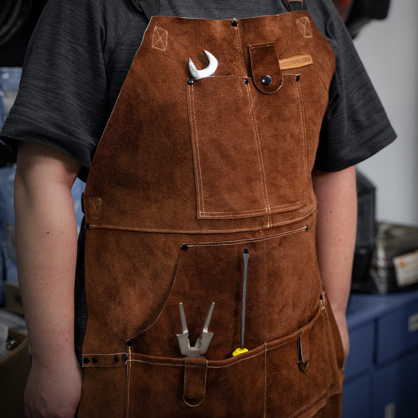 YESWELDER Leather Welding Work Shop Apron with 6 Pockets Heat Flame Resistant Cowhide Welder Apron Heavy Duty Blacksmith Aprons Adjustable for - WoodArtSupply