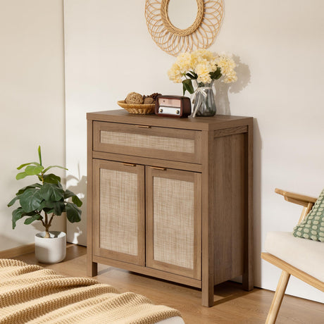 SICOTAS Sideboard Buffet Cabinet Set of 2, Rattan Credenza Storage Cabinet, Boho Buffet Table Console Cabinet with Drawer, Farmhouse Coffee Bar SICOTAS