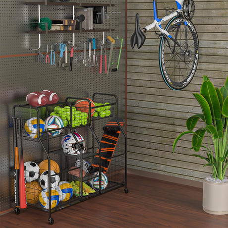 Garage Sports Equipment Organizer, Ball Storage Rack, Garage Organizer System, Indoor/Outdoor Sports Rack, Rolling Sports Ball Storage Cart with LUMAMU