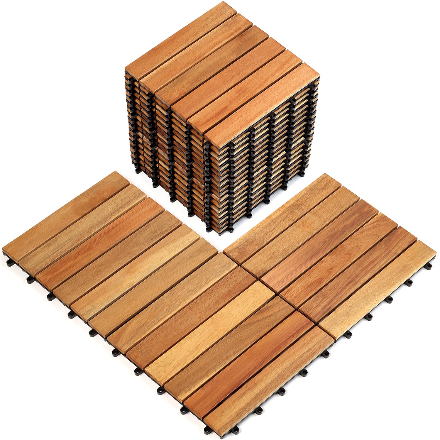 TimberWave Pack of 20 Deck Tiles, Solid Acacia Wood Floor Tiles, Patio Tiles Outdoor Interlocking Waterproof All Weather (12" x 12" - 6 Slat, Golden - WoodArtSupply