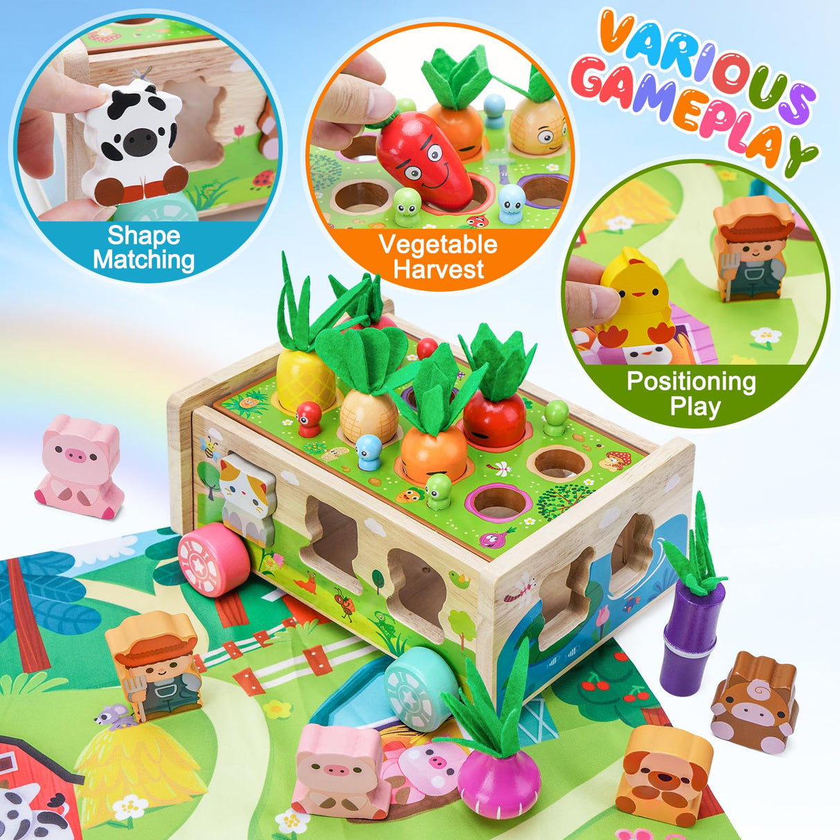 Toddler Montessori Wooden Farm Toys | Babies 12-18 Months Toy with Game Map for 1 2 3 Year Old Boys Girls | 1st First Birthday Gifts for 1-2 Years | KMTJT