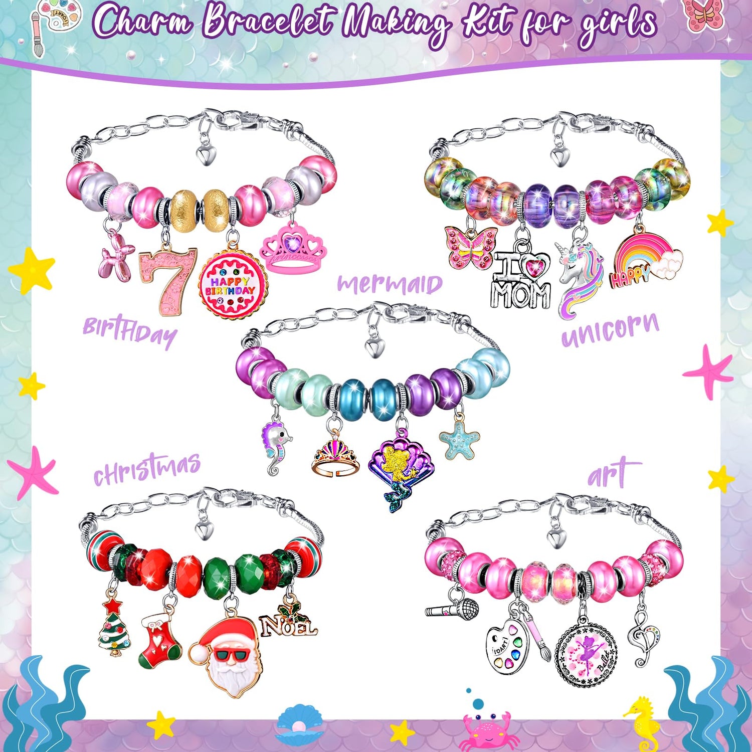 Girls Charm Bracelet Making Kit: Mermaid Jewelry Supplies Make Set Charm Bracelets Kits DIY Art Craft Set Girl Toys Age 5 6 7 8 9 10 11 12 Year Old BDBKYWY