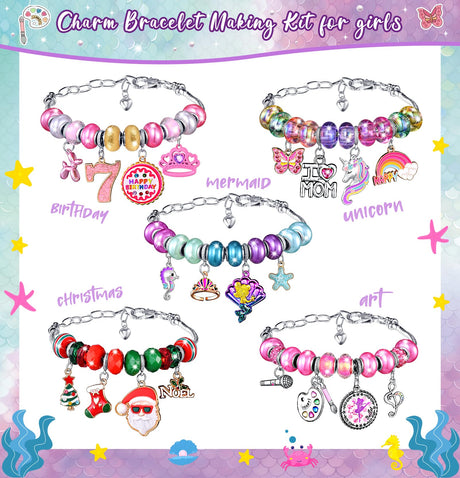 Girls Charm Bracelet Making Kit: Mermaid Jewelry Supplies Make Set Charm Bracelets Kits DIY Art Craft Set Girl Toys Age 5 6 7 8 9 10 11 12 Year Old BDBKYWY