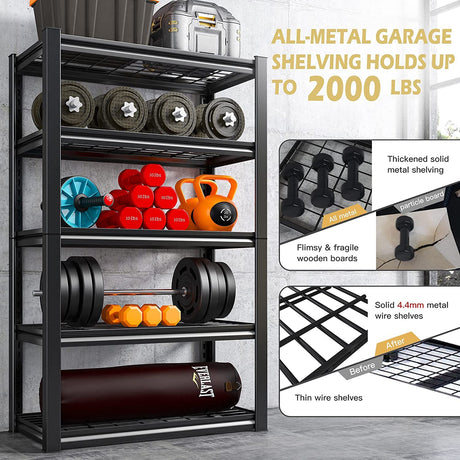 REIBII Garage Shelving Heavy Duty Load 2000Lbs Adjustable 5-Tier Garage Storage Shelves Heavy Duty Metal Shelving for Garage Storage Rack Shelf for REIBII