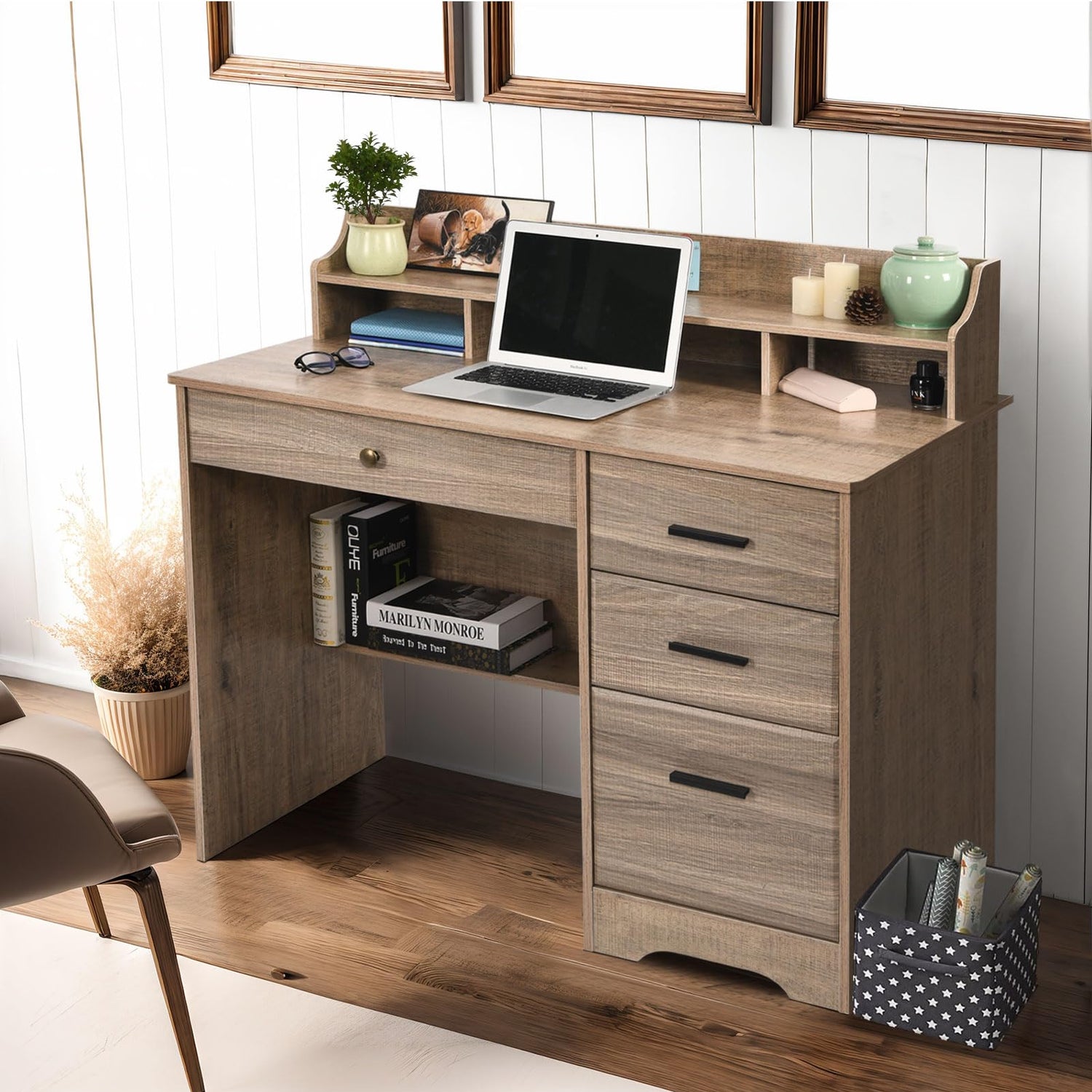 Catrimown Computer Desk with Drawers and Hutch, Wood Executive Desks for Home Office Bedrooms Desk Student Teen Writing Laptop Table, Small Desk with Catrimown
