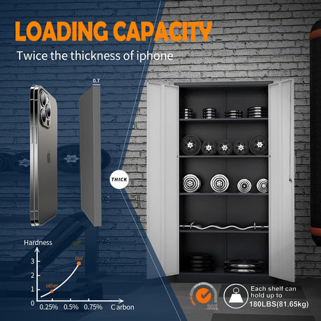 Yizosh Metal Storage Cabinet with Lock - 72" Garage Storage Cabinet with 2 Locking Doors and 4 Adjustable Shelves, Gray White Steel Lockable File Yizosh