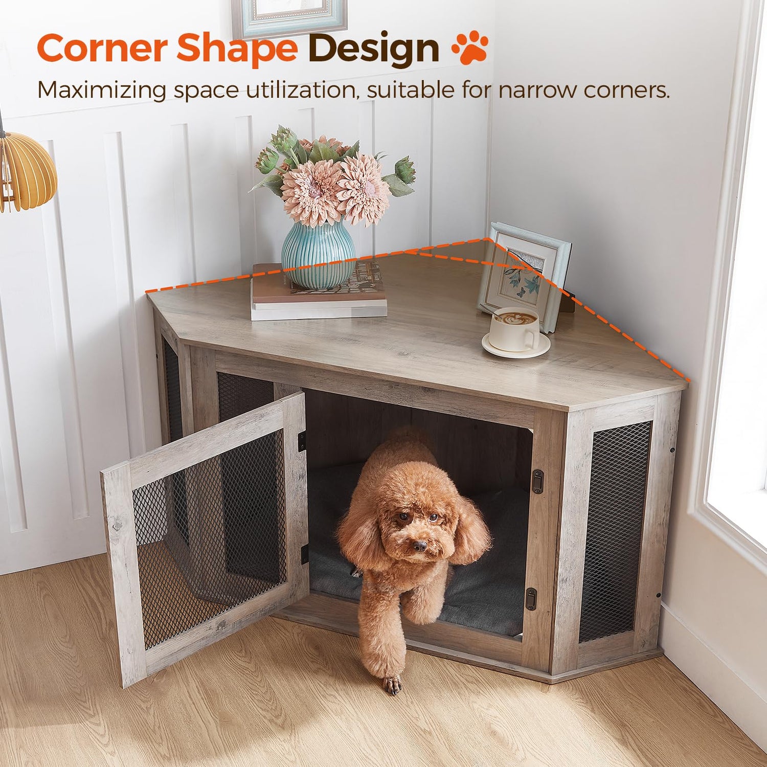 MAHANCRIS Corner Dog Crate Furniture, Wooden Dog Kennel End Table, Decorative Pet Crate Indoor Use, Furniture Style Dog House for Small Medium Dog, MAHANCRIS