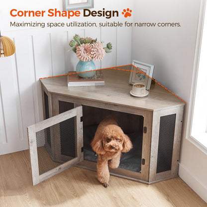 MAHANCRIS Corner Dog Crate Furniture, Wooden Dog Kennel End Table, Decorative Pet Crate Indoor Use, Furniture Style Dog House for Small Medium Dog, - WoodArtSupply