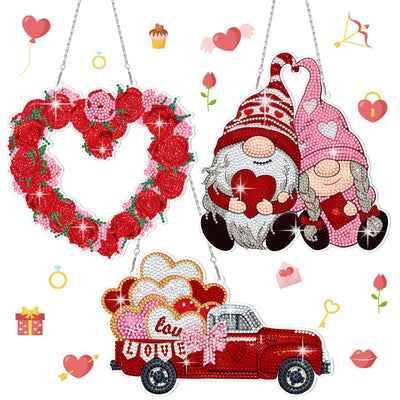Menkxi 3 Set Valentine's Day Diamond Painting Hanging Sign 5D Truck Heart Wreath Gnomes Diamond Painting Kits DIY Crystal Paint Arts and Crafts Set